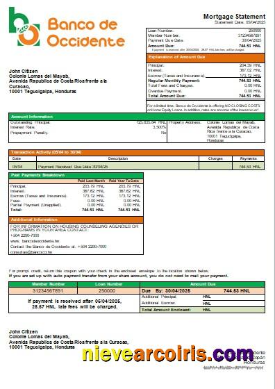 Honduras Banco de Occidente Bank mortgage statement